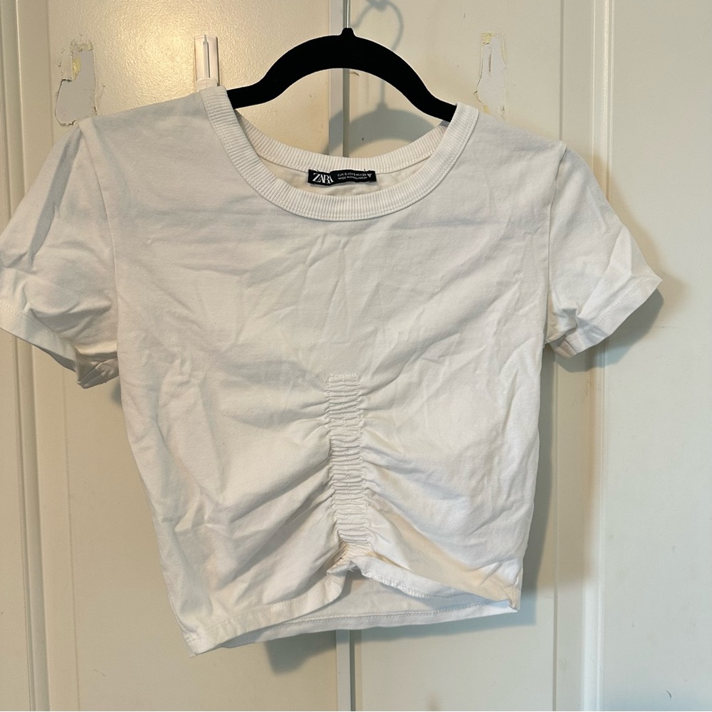 Zara White Ruched Short Sleeve Tee